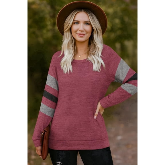 Roll Up Women's Casual Color Block Sweaters Sweatshirts striped Long Sleeve Shirts Fleece Tunic Tops (US, Alpha, Medium, Regular, Regular, Fire Brick)