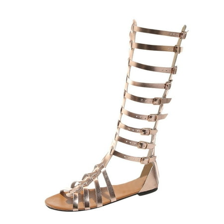 CHOII 50% Clearance Summer Women Ladies Fashion Casual Flats Knee High Boots Retro Shoes Sandals Gladiator Sandals Fits The Calf to Relieve Varicose Veins Ankle Strap Sandals Comfort Sandals Gold/8.5