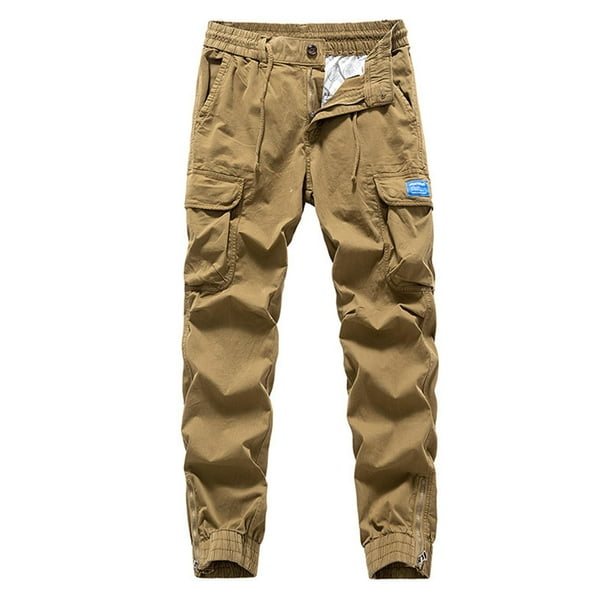 Pantalones largos de moda para hombre, casuales, de color sólido, cargo, con bolsillos y cremallera, cintura elástica, pantalones largos de algodón para hombre.