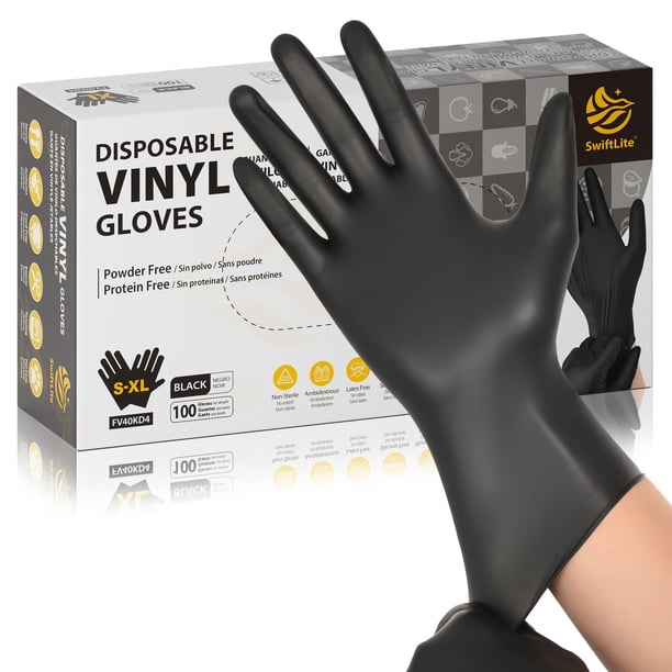 SWIFTLITE Guantes de vinilo negros Guantes de grado alimenticio Guantes desechables sin látex y sin polvo para limpiar cocinar preparación de alimentos (100 grandes)