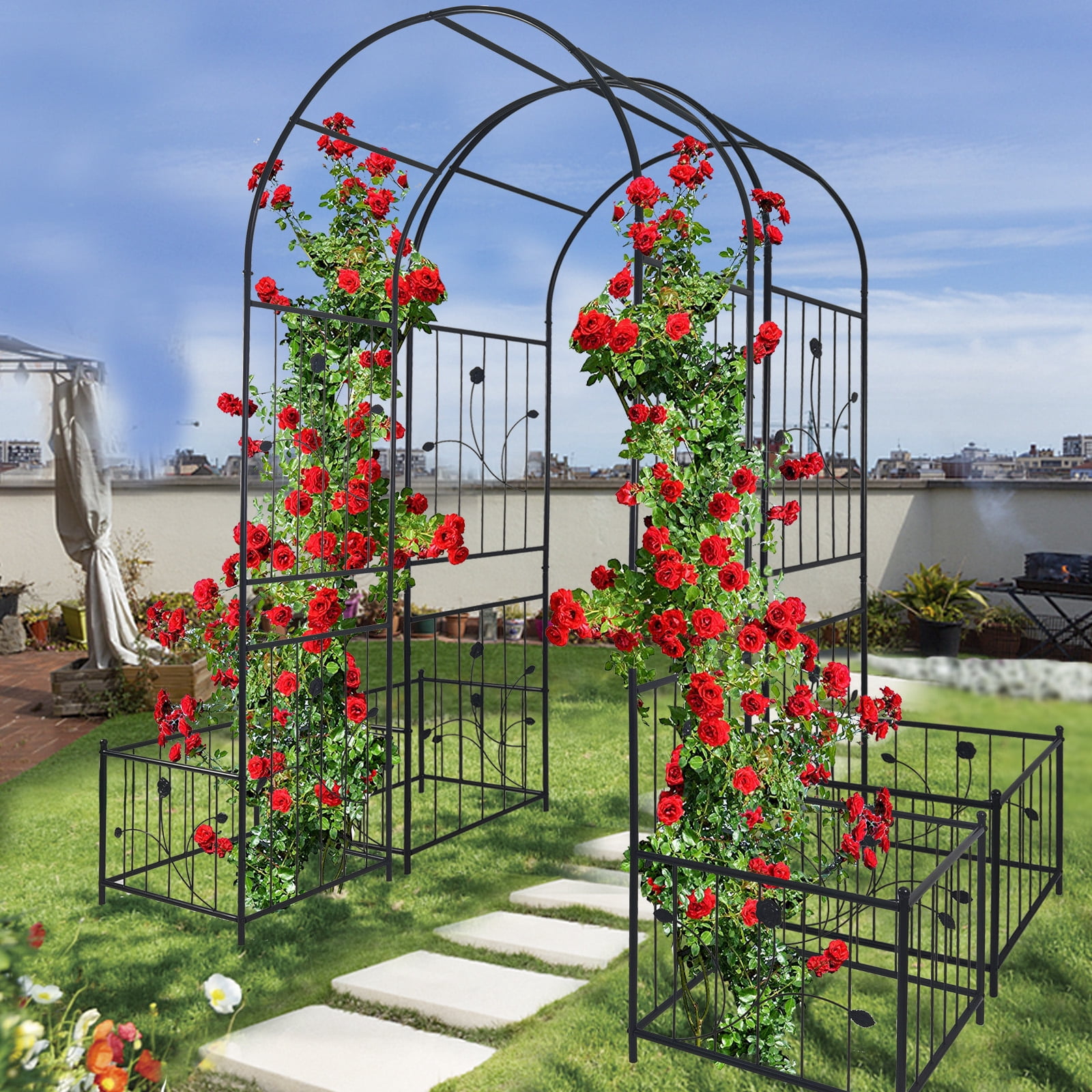 Metal Garden Arch with Plant Stands 79.5" Wide x 86.6" High Climbing Plants Support Rose Arch Outdoor Black