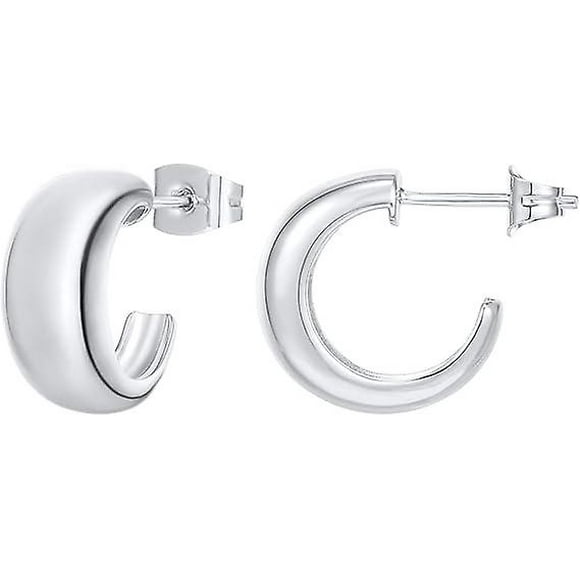 14K Gold Plated Sterling Silver Post Thick Huggie Earrings - Small Round Hoop Earrings in Rose Gold, White Gold and Yellow Gold Plating