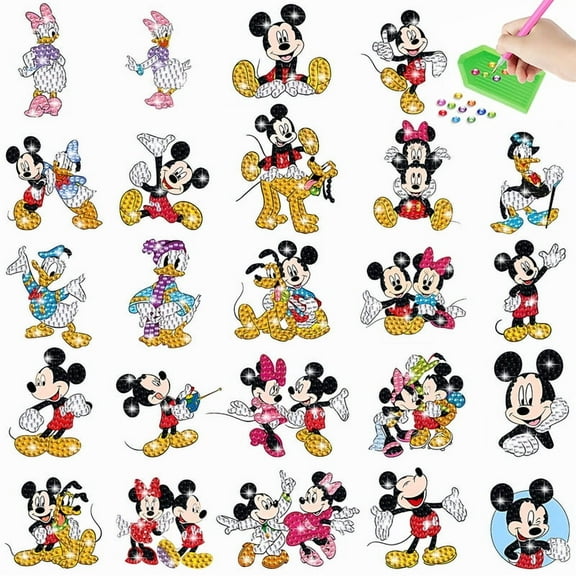 24 Pcs Mickey Diamond Art Painting Sticker Kits for Kids-Cartoon Diamond Gem Stickers Kit,5D Gem Art Stickers Mosaic for Kids Gift for Boys Girls