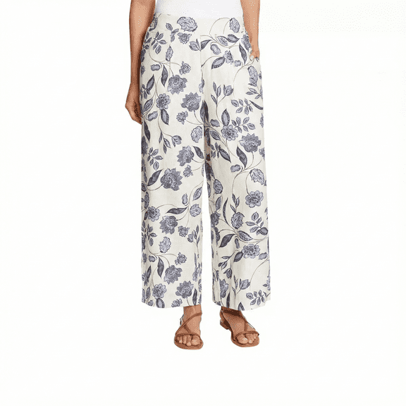 Ella Moss Women's Plus Linen Blend Casual Pants, Blue Floral, 2X
