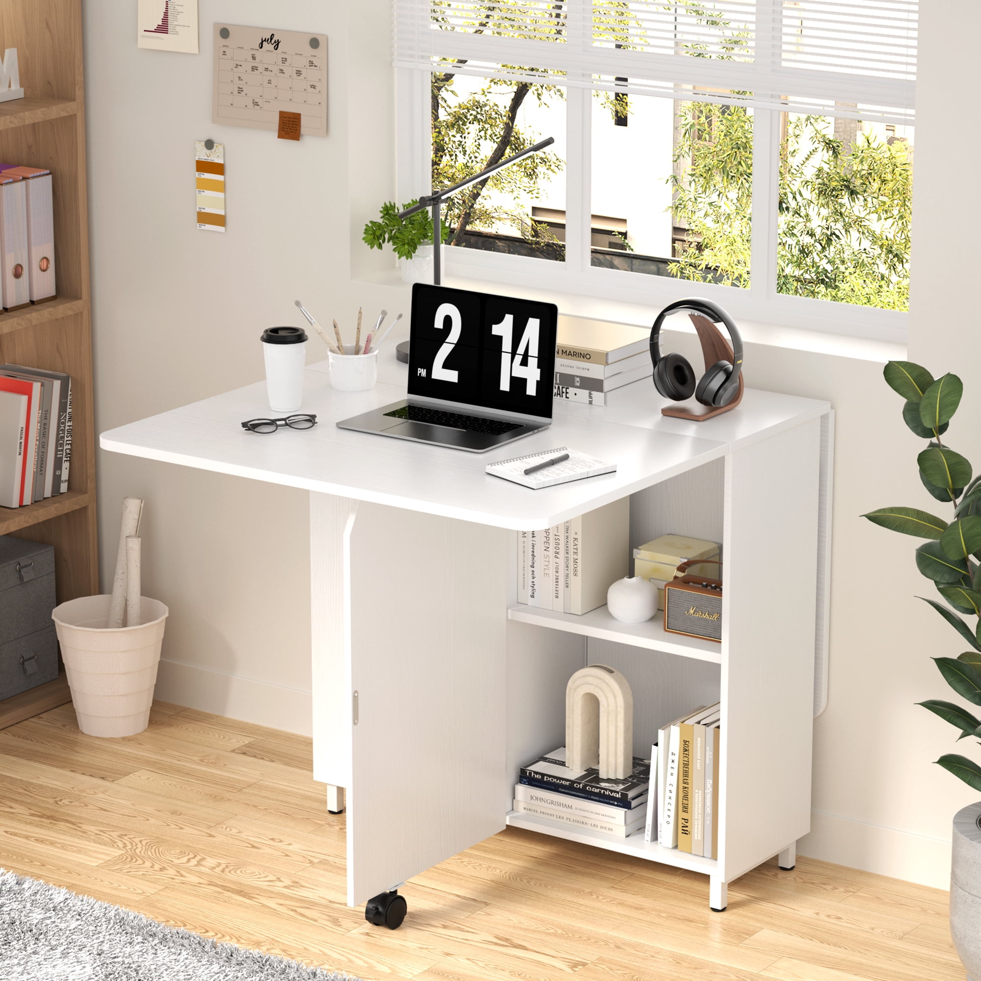 iSunirm Folding Dining Table with Storage, 51.2" Dining Table for 2-4 People, Wooden Dining Table with Under Cabinet, Desktop is Foldable., Portable Dining Table for Home, White