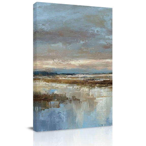 Canvas Wall Art, Abstract Brown Framed Canvas Prints for Living Room Office, Winter Geometric Coastal Ocean Color Blocks Large Gallery Wrapped Wall Decor for Home Office, Gifts, 16"x24" Ship Next Day