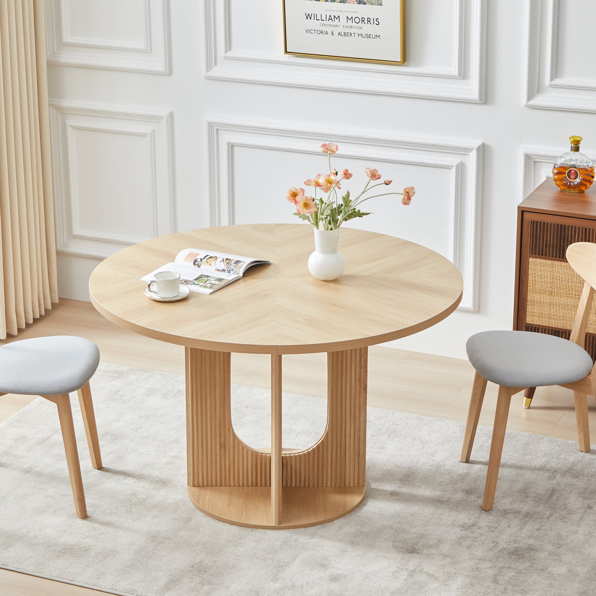 PHOYAL 47 inch Round Dining Table, Circle Kitchen Table for 4-6, Large Wood Dinner Table, Wooden Fluted Pedestal Dinning Table for Dining Room, Mid Century Modern Style, Natural
