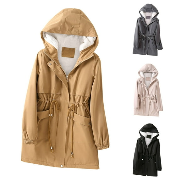 Lovskoo Women's Winter Coats Fleece Parkas Anoraks Thick Warm Hooded Long Sleeve Pockets Cardigan Ladies Solid Mid-Length Coat Black