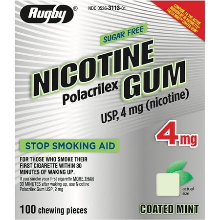 Rugby Sugar Free Nicotine Polacrilex Gum, 100 Count - 4 MG - COATED MINT Flavor - Stop Smoking Aid