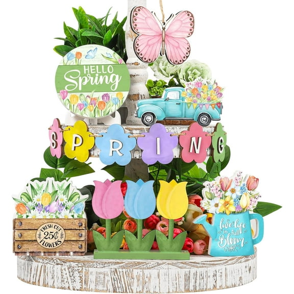 Dalrosia 12PCS Hello Spring Tiered Tray Decor Color Flower Wooden Centerpiece Signs Spring Wooden Sign Fresh Flower Truck Trays for Home Farmhouse Rustic Spring Decorations