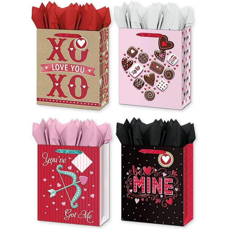 4 Large Valentines Day Gift Bags w/Tissue Paper Included Designed with -  XOXO, Be Mine, Hearts, & More 