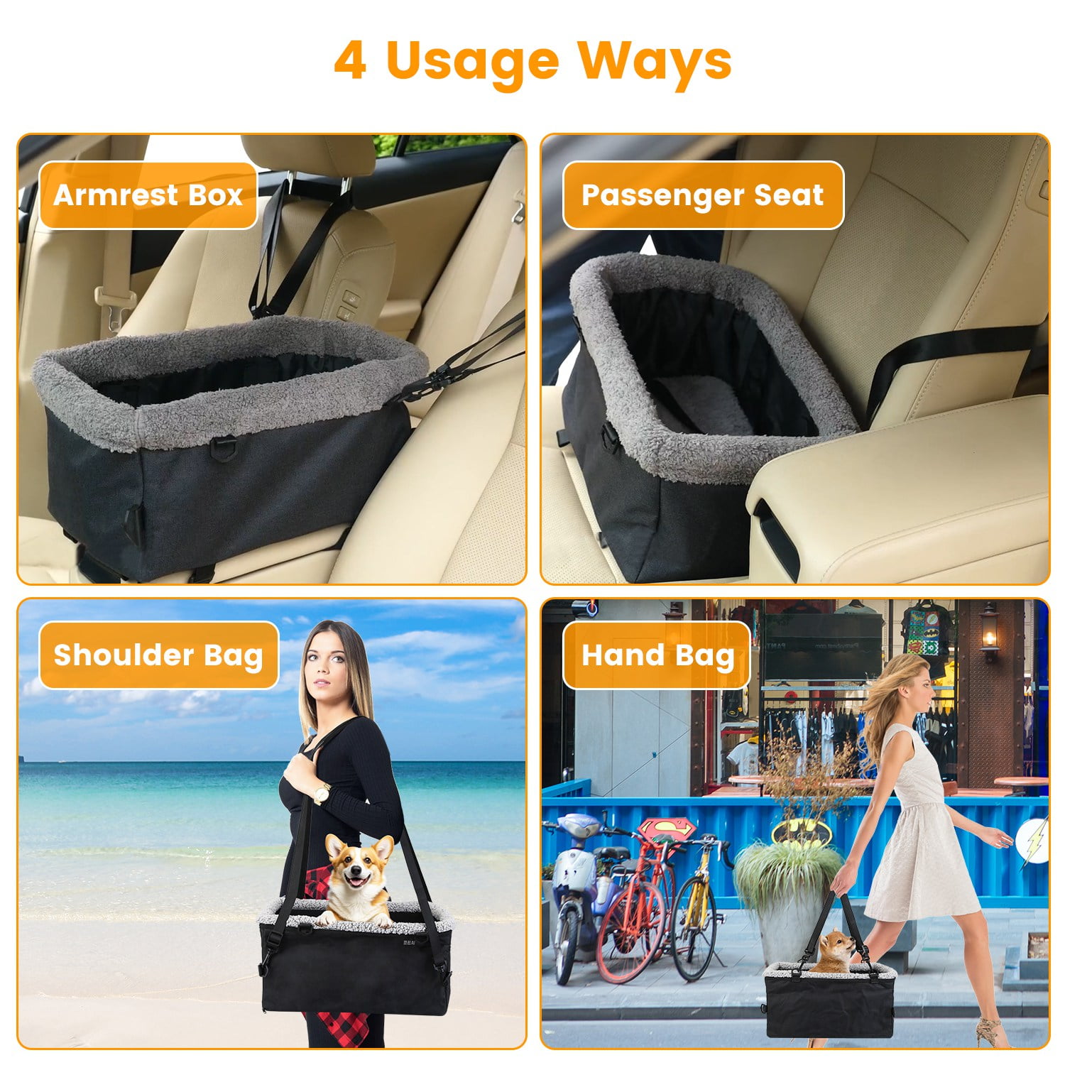 1Pc Small Dog Car Cotton Velvet Seat W/ Harness Side Pocket For Dogs Cats Up To 9LBS, Center Console Pet Booster Cushion Travel Car Seat