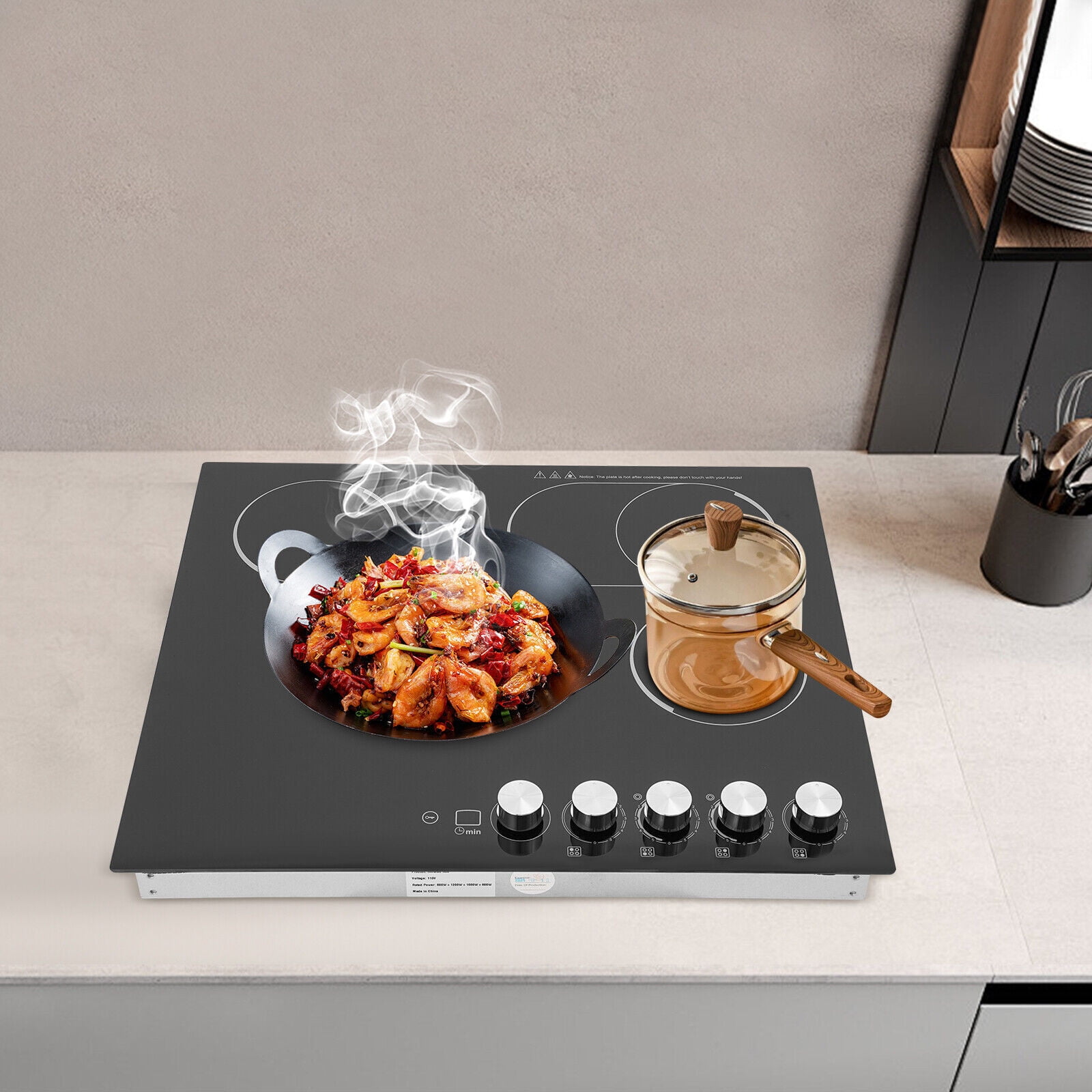 Electric Ceramic Cooktop with 4 Infrared Burners – 110V Built-in/Countertop Stove, Knob Control, Child Lock, Timer, Safety Features, LED Display