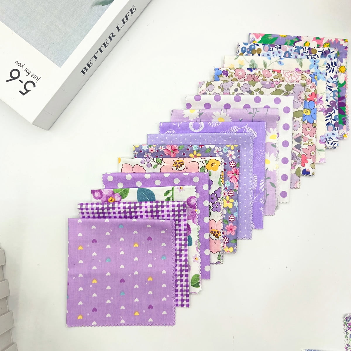 iMzoon 22Pcs 10" Cotton Fabric Quilting Squares,No Repeat Floral Charm Pack, Precut Pink Fabric for Sewing with Wavy Edges, DIY Scrapbooking Craft Supplies Purple