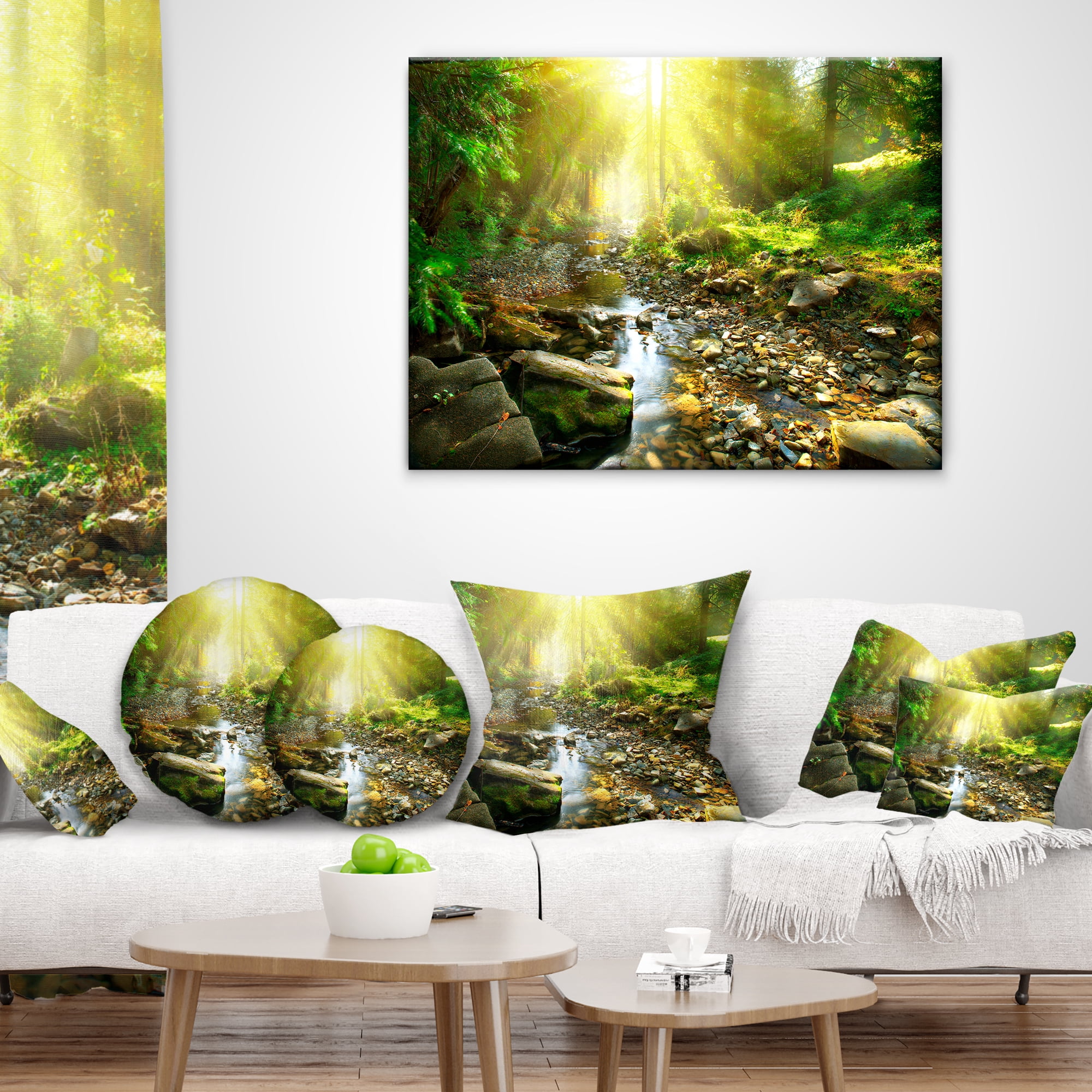 Designart Mountain Stream in Forest - Landscape Photography Throw Pillow - 16x16