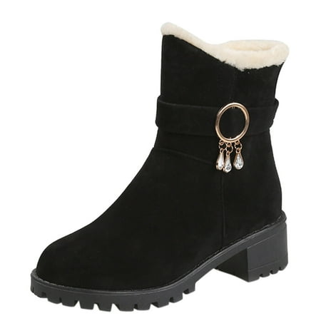 

Qufokar Calf Boots for Women With Heel Tall Winter Boots for Women Fashion Winter Women Snow Boots Thick Heel Medium Heel Non Slip Sole Solid Color Plush Comfortable Suede Leather Side Zipper Rhinest