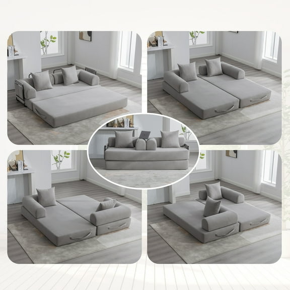 Modular Sofa Bed with Metal Frame, Foldable and Compressible Design, Removable Armrests, for Small Spaces, Light Gray
