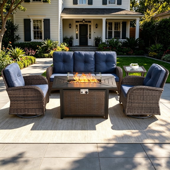 POCASSY 5PCS Outdoor Patio Furniture Set, Patio Furniture Set with Fire Pit Table Wicker Patio Couch Outdoor Swivel Chair and 43" Propane Firepit Table Rectangular, Brown Wicker & Blue Cushion