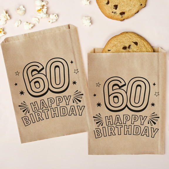 Big Dot of Happiness Adult 60th Birthday Kraft Brown Paper Treat Bags, Birthday Individual Greaseproof Brown Paper Sandwich Cookie Bags - 25 Count