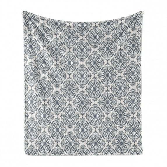 Damask Soft Flannel Fleece Throw Blanket, Repetitive Linked Ornaments Floral Inspired Motifs Graphic Illustration, Cozy Plush for Indoor and Outdoor Use, 60" x 80", Ivory and Purpleblue, by Ambesonne