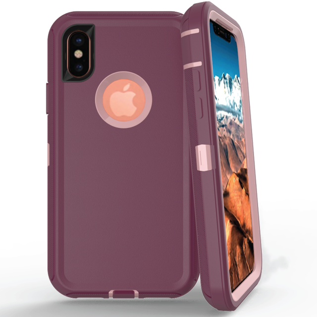 Mobile Xcessories - Burgundy iPhone XS-X Case Only Military-Grade/Dust/Drop Shockproof 3-Layer Full Body Ultra Rugged Scratch Resistant Wireless Charging Heavy Duty Cover Case