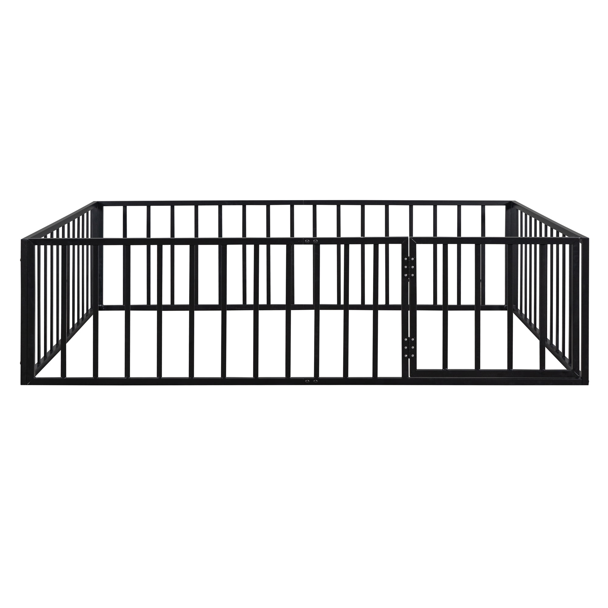 Queen Size Floor Bed with Fence and Door, Low Profile Metal Montessori Bed Frame with Slats Supports,Easy Assembly, No Box Spring Needed,Black