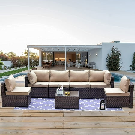 Gotland Patio Furniture Set 7 Pieces Outdoor Sectional Rattan Sofa Set Brown Manual Wicker Patio Conversation Set with Sand Cushions 1 Tempered Glass Tea Table