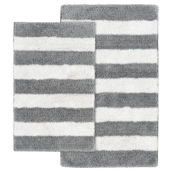 Garland Rug Beach Stripe Washable Bath Rug Set, 2 Piece Set (17"x24" Bath Rug, & 21"x34" Bath Rug) Platinum Gray/White