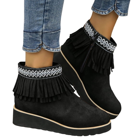 Rokment Winter Fall Platform Wedge Fringe Ankle Booties for Women Ethnic Boho Suede Mid Heel Dress Booties