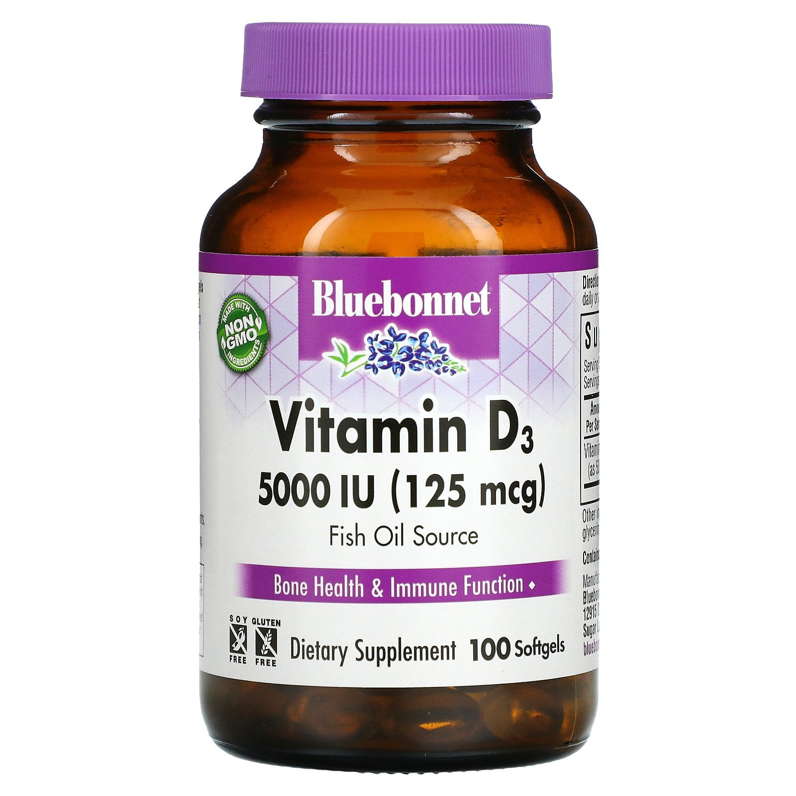 Vitamin D3, 125 mcg (5,000 IU), 100 Softgels, Bluebonnet Nutrition