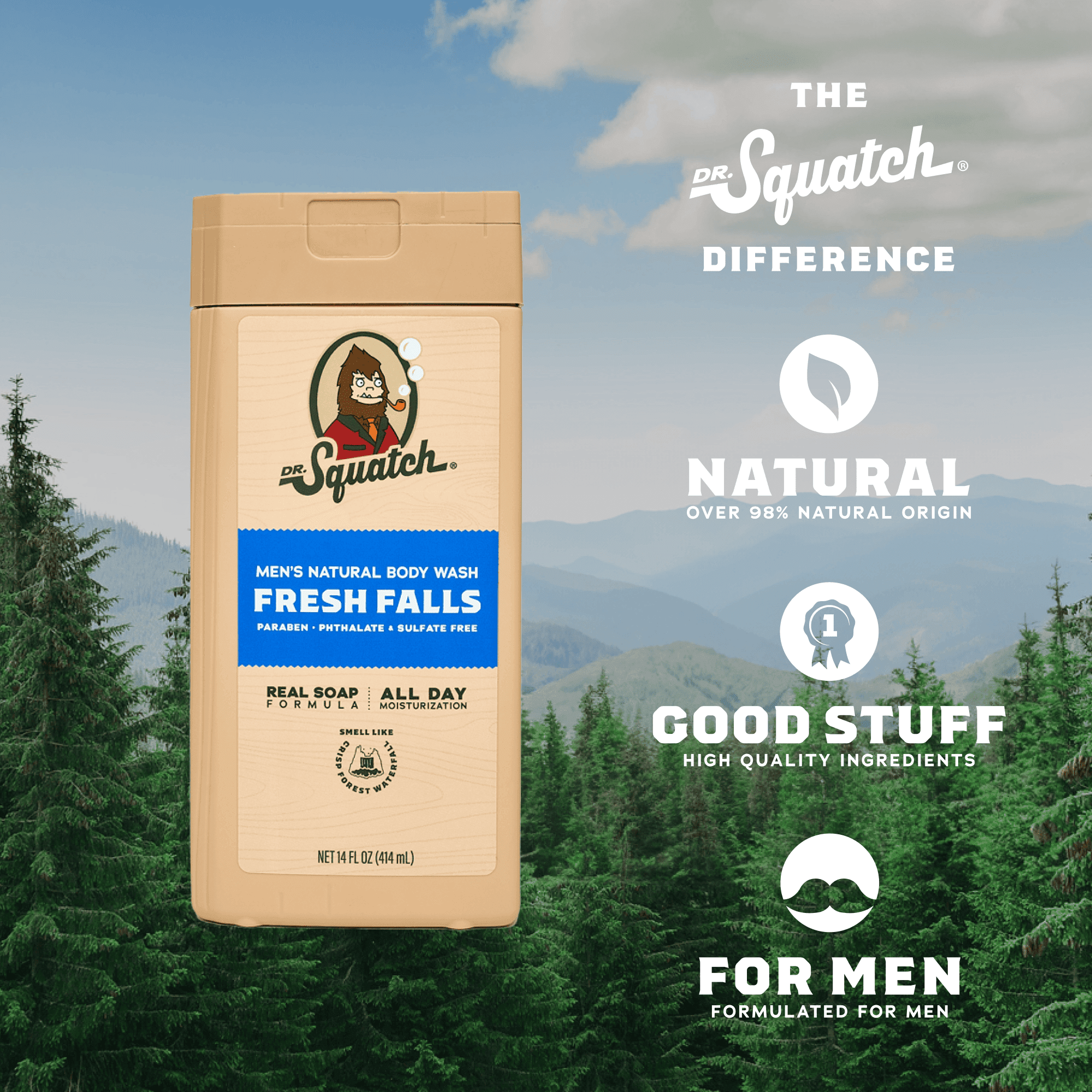 Dr. Squatch Mens Natural Body Wash, Sulfate Free Moisturizing Body Wash for men, Fresh Falls, 14 fl Oz