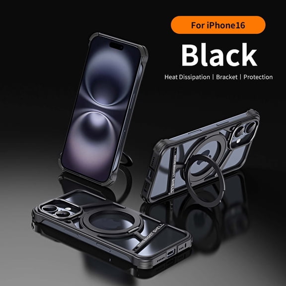 Premium Metal Frameless Bumper Case Compatible with iPhone 16,Cool Design Luxury Metal Shockproof Anti-fall Anti-Scratch Slim Borderless Case with Kickstand Magnetic Holder,Black