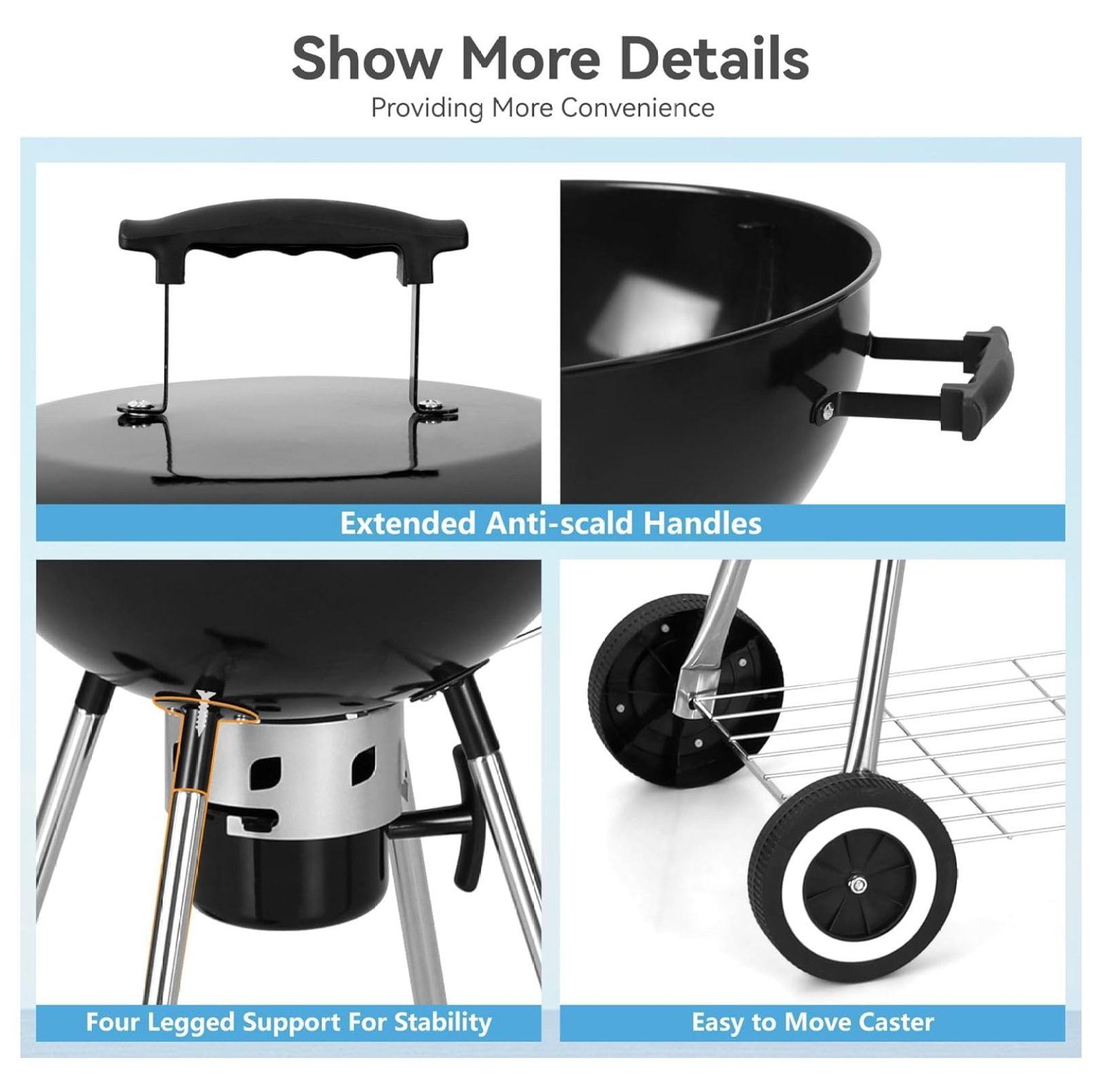 18 inch Kettle Charcoal BBQ Grill with Wheels, Portable Charcoal Grill with Porcelain-Enameled Lid & Catcher for Outdoor Cooking Barbecue Camping Picnics Tailgating