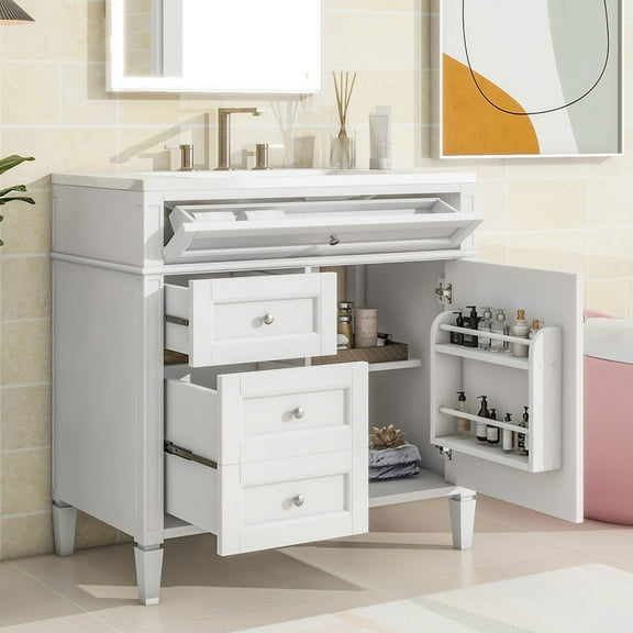 Bellemave 36" Bathroom Vanity with Single Sink Combo Set, Modern Wood Undermount Bathroom Sink Cabinet with 2 Drawers and a Tip-Out Drawer, Freestanding Bathroom Vanities(White)