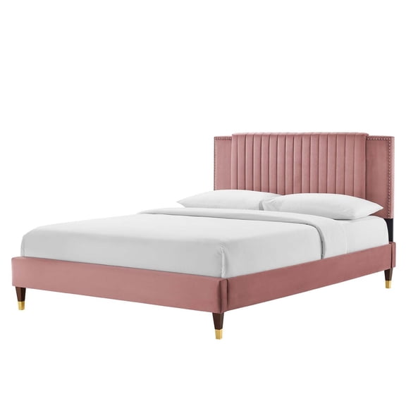 Platform Bed Frame, Tufted, Rivet Nailhead, Full Size, Pink, Velvet, Mid Century Bedroom, Modern Contemporary Boutique HB35602