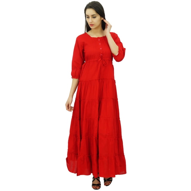Bimba Robe Maxi en Coton à Manches 3/4 pour Femmes, Taille à Cordon