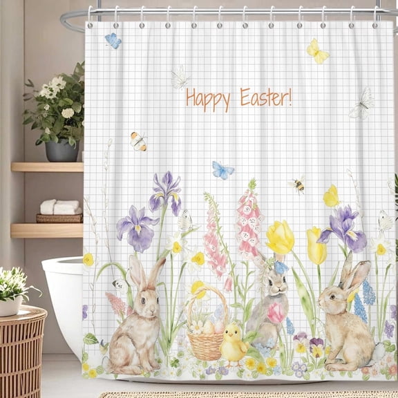Spring Easter Shower Curtain Easter Bunny Floral Bath Curtain for Bathroom Decor with Hooks 72x72 in