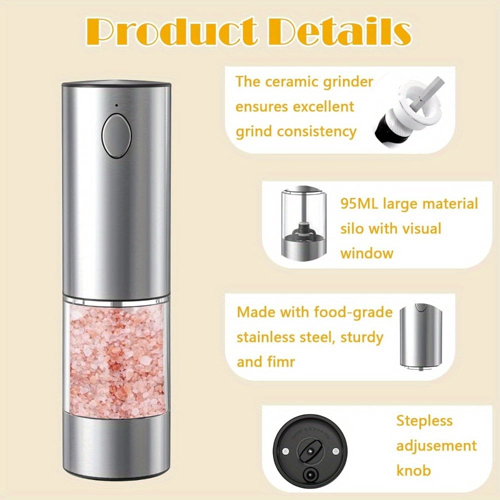 Electric Salt and Pepper Grinder Set, Pepper Mill With Adjustable Coarseness, Rechargeable Salt Pepper Shakers, Visuable Window Led Light