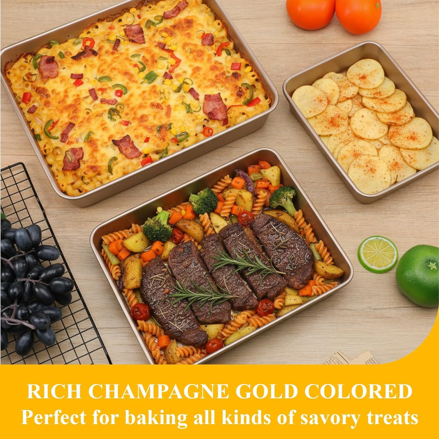 3 Pack Baking Pan Set 9/11/13 Inch Nonstick Rectangle Cake Pan Stackable Bakeware Bread Pans Cookie Sheets Oven Trays for Baking Lasagna Deep-Dish Pizza Brownies Casseroles, Gold