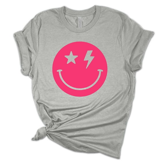 Womens Hot Pink Happy Face Smile With Lightning Eyes Unisex Fit Short Sleeve T-shirt Graphic Tee-Sports Grey-medium