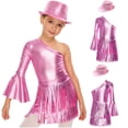 thumbnail image 5 of iixpin Girls Disco Bodysuit Set, 3-Piece Dance Outfit with Fringed Skirt & Sequined Hat Pink 16, 5 of 7