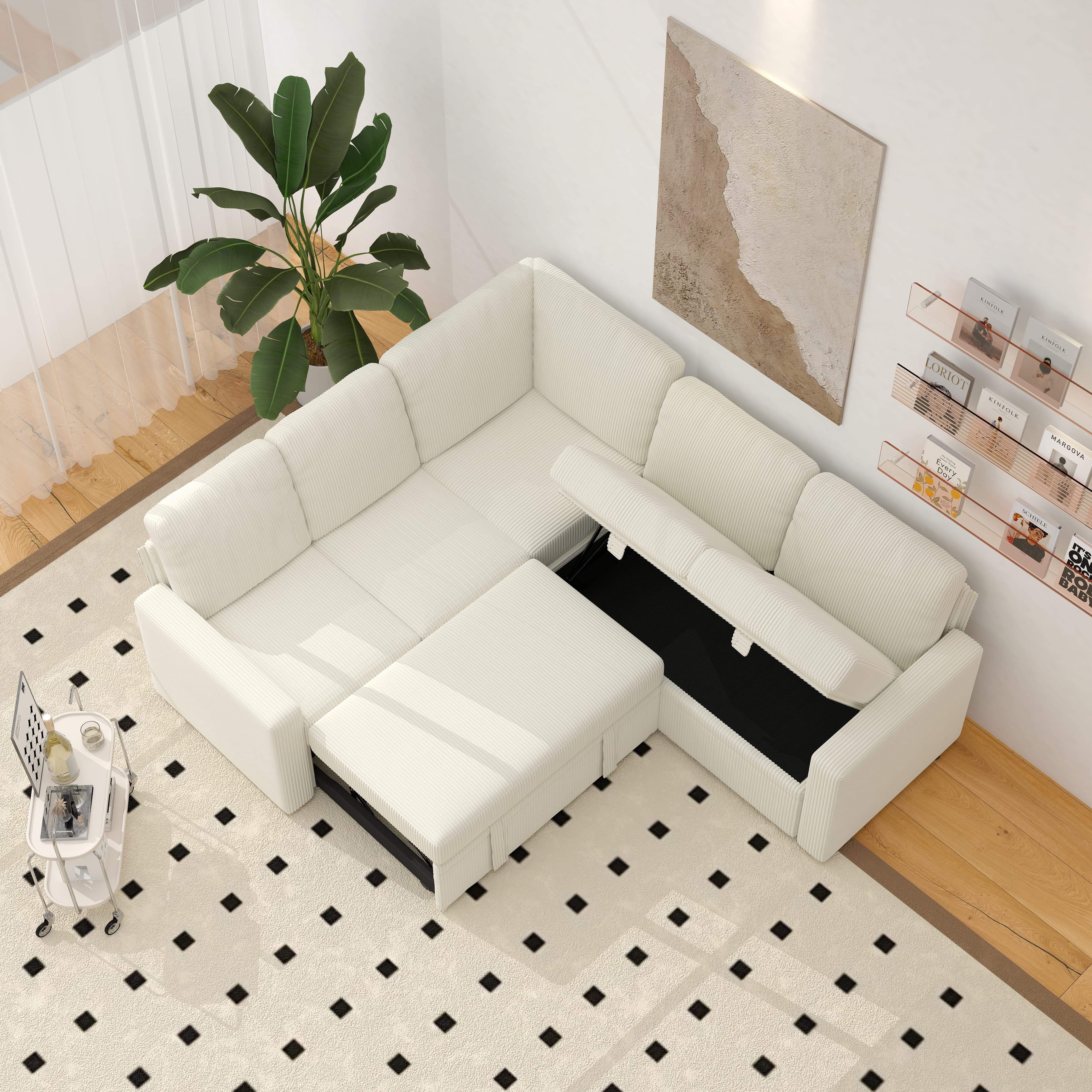 BSHTI Modern L-Shaped Pull-Out Sectional Sleeper Sofa Bed with Storage for Living Room, Beige