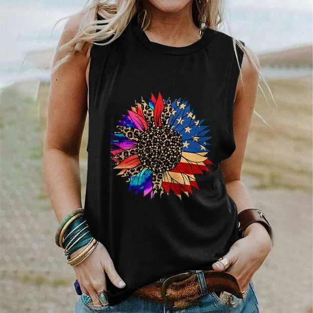 Tawop Summer Women American Flag Tank Tops Usa Flag Stars Stripes Printed  Sleeveless T-Shirt Tee Tops Built Fitted Clearance Sale