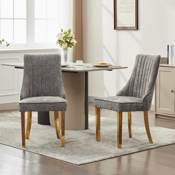 Set of 2 Rayon Cloth Flocking Chenille Dining Chairs Channel Kitchen Dinner Chair Comfy Fabric Upholstered Accent Chair for Dining Room with Golden Stainless Steel Plating Legs (Gray)