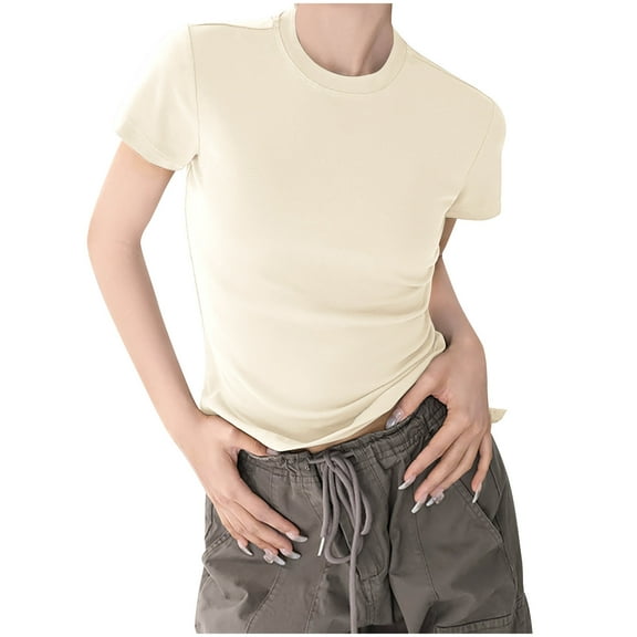 Wyobmus Women Short Sleeve Crop Tops Trendy Cotton Slim Fitted Tees Basic Crew Neck T Shirts Tight Cropped Tops Blouse Beige