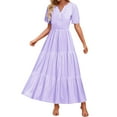 thumbnail image 2 of A Line Dresses for Women Horkkom Summer V Neck Maxi Dresses Solid Color Short Sleeve Pleated Tiered Dress Purple L, 2 of 7