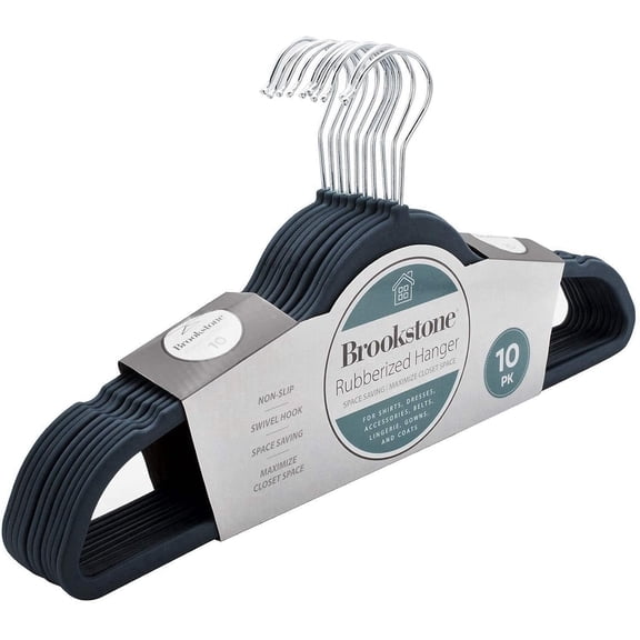Brookstone Non-Slip Hangers, Slim Yet Heavy-Duty, Swivel 360° Hook, 10 Pack, Black