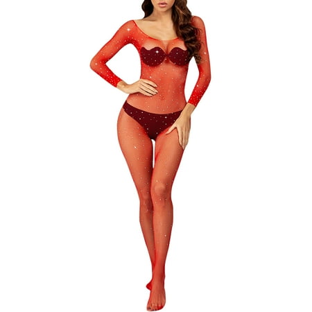 

Womens Lingerie Sets Solid Mesh Fishnet Rhinestone Detail Bodystocking Diamonds Underwear Sets Women