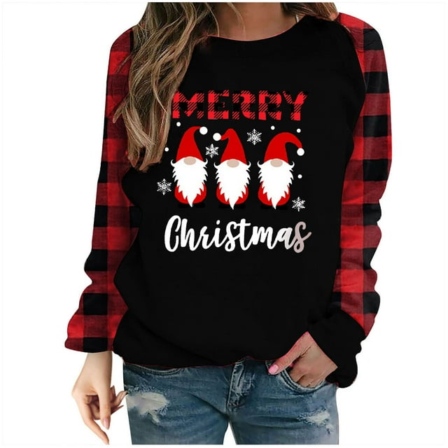 Hauts de Noël pour Femmes Manches Longues Mode de Noël Décontracté Manches Longues Imprimé Chandails en Molleton pour Dames