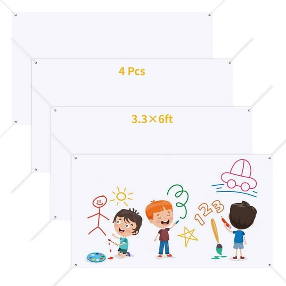 4Pcs 3.3×6ft Large Blank Banners, Sublimation Banners with Hanging Ropes, Paintable White Polyester DIY Banner Signs for Indoor Outdoor Display